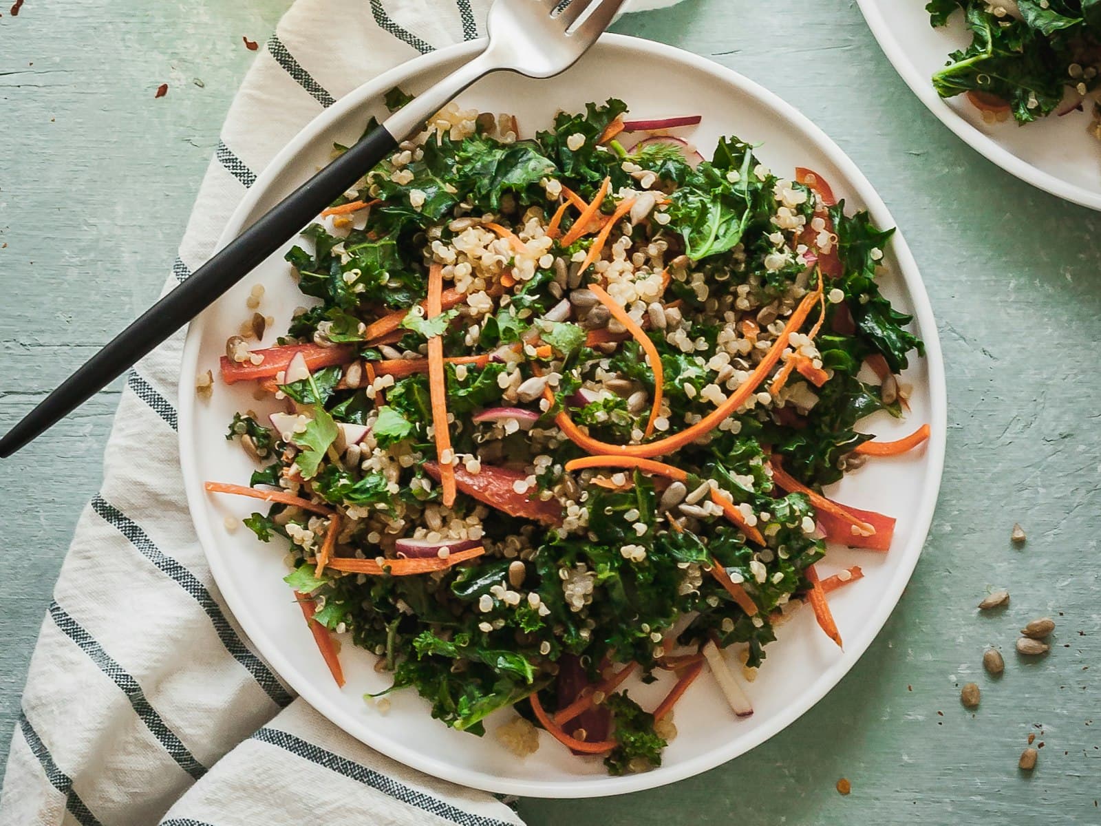 Weißer Teller mit Grünkohl-Quinoa-Salat, Karottenstreifen, roten Zwiebeln und Sonnenblumenkernen, daneben eine Gabel und ein gestreiftes Küchentuch